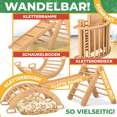 Kidiz® Klettergerüst Montessori 7in1 Spiel-Set mit Kletterbogen Rutsche Kletterdreieck aus Holz inklusive Kissen, Tafel & Lern-Uhr | Indoor Spielplatz für Kleinkinder ab 1 Jahr & Kinder bis 3 Jahre