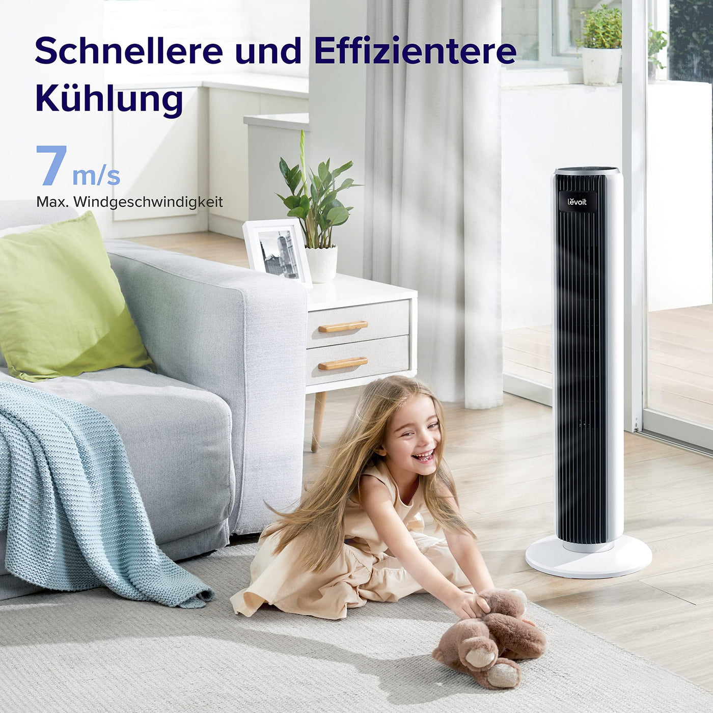 Levoit 28dB leiser Turmventilator mit Fortschrittlichem Schlafmodus,7m/s Ventilator mit Fernbedienung, 90° Oszillation Tower Fan, 4 Modi 5 Geschwindigkeiten, 12-Std-Timer, LED-Anzeige, Weiß