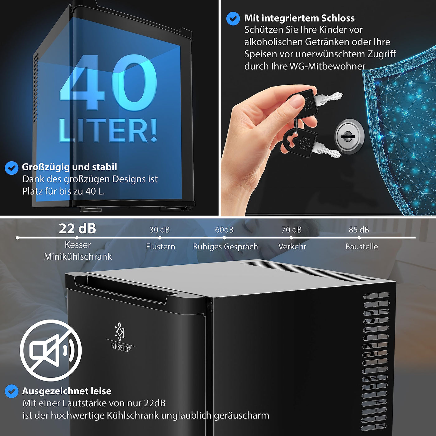 KESSER® Minikühlschrank mit Schloss, Minibar 40 Liter Nutzinhalt, Leise 22db, Abschließbar, Schlafzimmer, Wechselbarer Türanschlag, ca. 4°-16°C Höhe 57cm, Innenbeleuchtung Tisch-Kühlschrank Schwarz