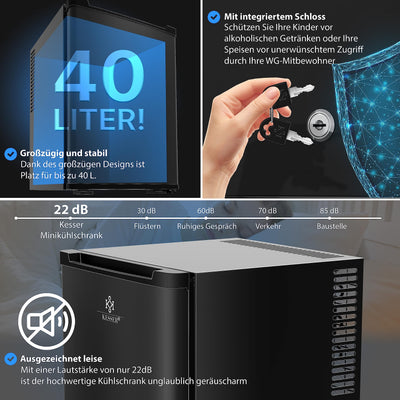KESSER® Minikühlschrank mit Schloss, Minibar 40 Liter Nutzinhalt, Leise 22db, Abschließbar, Schlafzimmer, Wechselbarer Türanschlag, ca. 4°-16°C Höhe 57cm, Innenbeleuchtung Tisch-Kühlschrank Schwarz