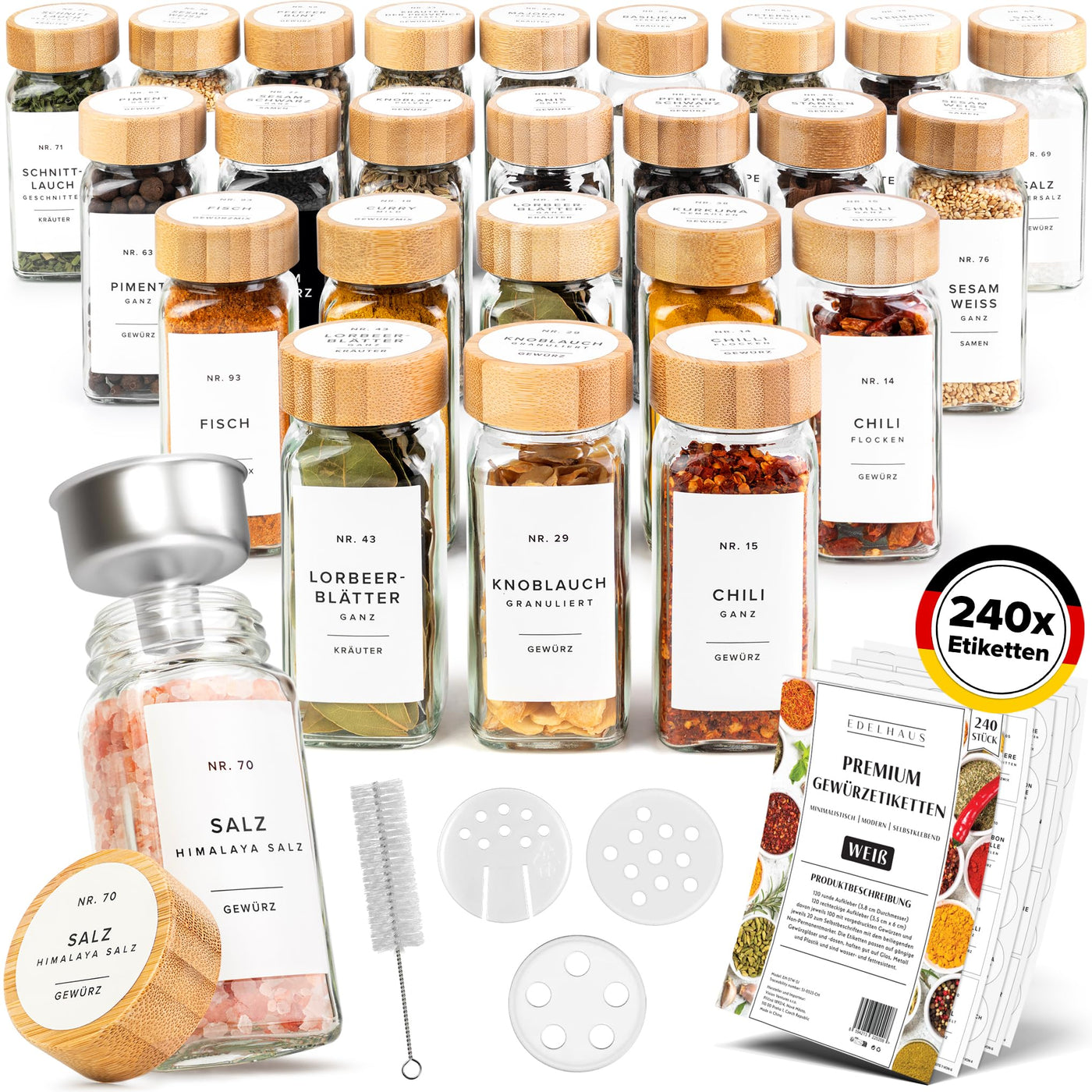 EDELHAUS Gewürzgläser Eckig Set mit Holzdeckel (24 x 120ml) Gewürzstreuer mit Streueinsatz und 240 Etiketten Weiß - Bambusdeckel Gewürzbehälter, Gewürzdosen, Gewürze organizer [10,7cm x 4,5cm]