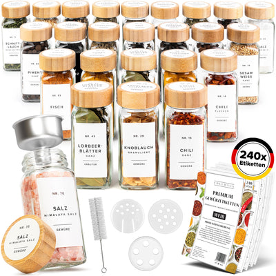 EDELHAUS Gewürzgläser Eckig Set mit Holzdeckel (24 x 120ml) Gewürzstreuer mit Streueinsatz und 240 Etiketten Weiß - Bambusdeckel Gewürzbehälter, Gewürzdosen, Gewürze organizer [10,7cm x 4,5cm]