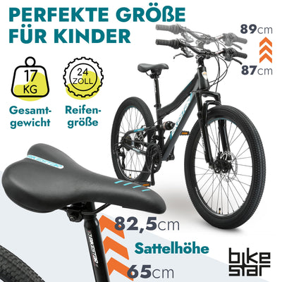 BIKESTAR Kinder Fahrrad Fully Mountainbike 21 Gang Shimano, Scheibenbremse ab 8 Jahre | 24 Zoll Kinderrad MTB | Schwarz