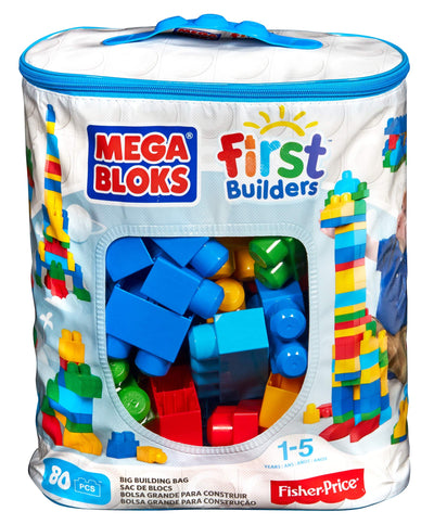 MEGA BLOKS Fisher-Price Bausteine für Kleinkinder, großer Bausteinebeutel mit 80 Teilen und Aufbewahrungsmöglichkeit, Blau, Geschenkideen für Kinder ab 1 Jahr, DCH63
