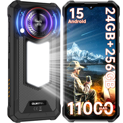 OUKITEL WP53 Pro Outdoor Handy Android 15-11000mAh Outdoor Smartphone Ohne Vertrag 24GB + 256GB, 6.52” Display 128dB Lautsprecher Baustellenhandy mit 900 Lumen Campinglampe, NFC/GPS/Face ID, Schwarz