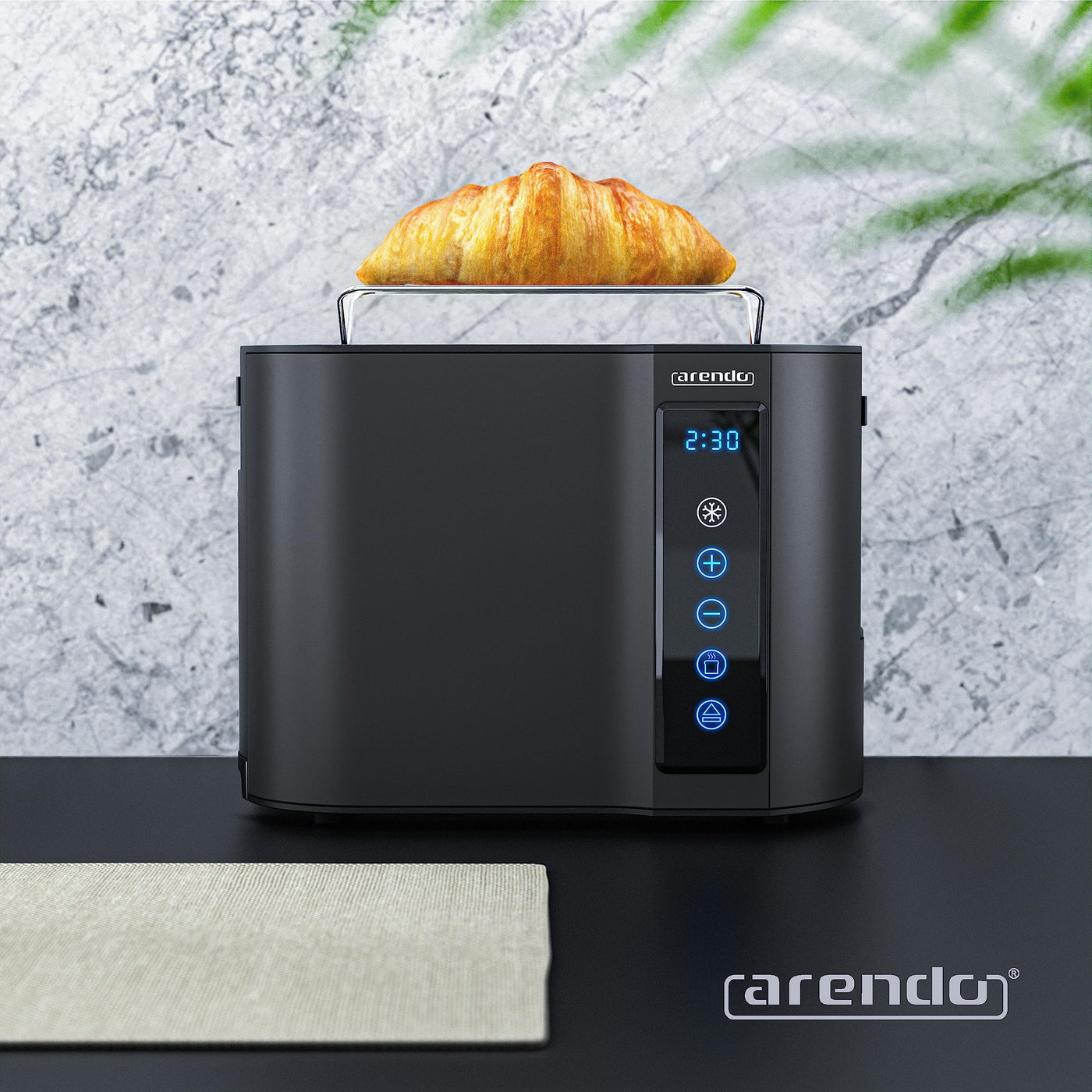 Arendo - Touch Toaster 2 Scheiben Edelstahl - Touchpanel - digital Display Restzeitanzeige - 800 W – Doppelwandgehäuse – mit Brötchenaufsatz – 7 Bräunungsgrade – Brotscheibenzentrierung - Schwarz