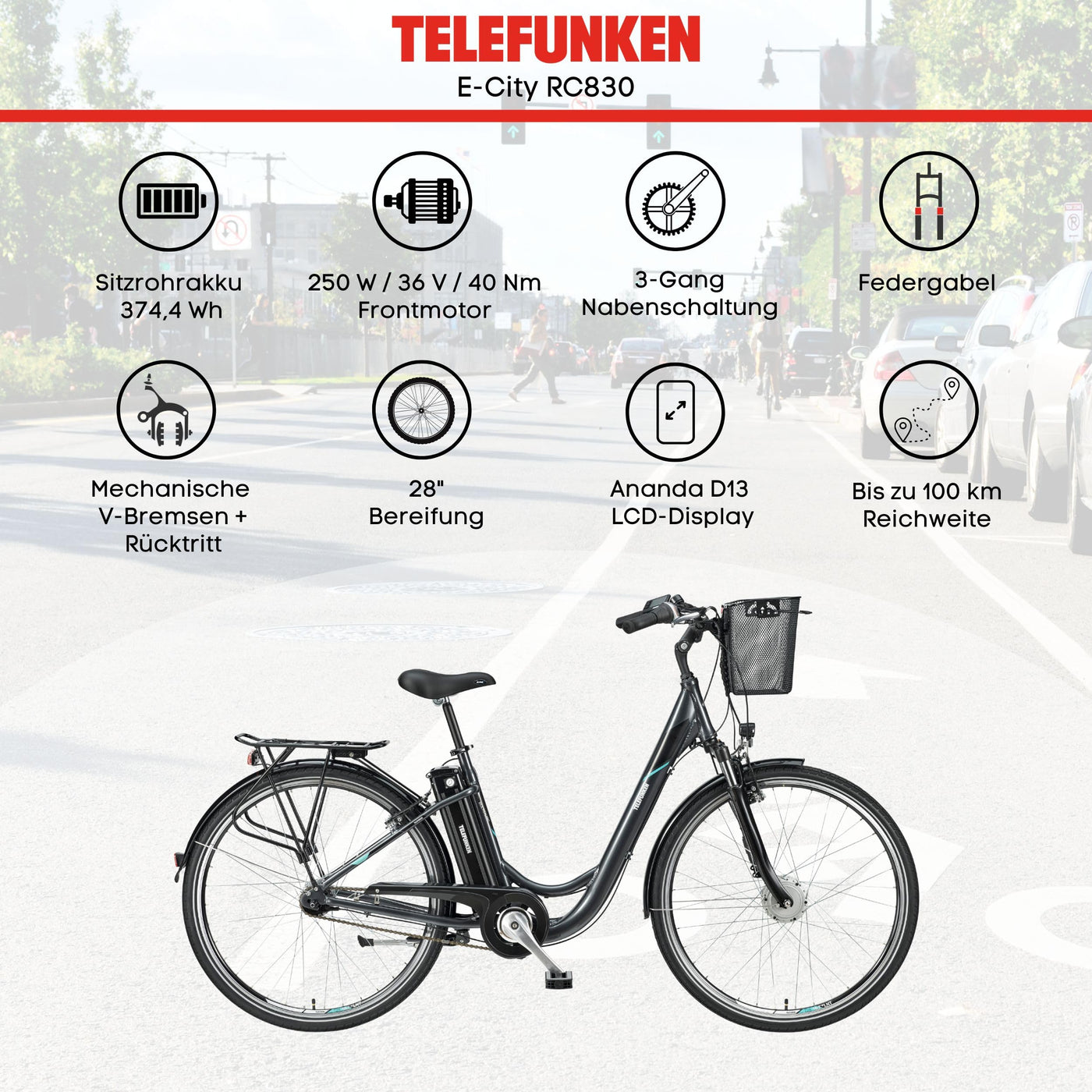 TELEFUNKEN E-Bike Damen 28 Zoll Elektrofahrrad - 3-Gang Nabenschaltung mit Rücktritt, Pedelec Citybike Alu mit Fahrradkorb, Frontmotor 250W /10,4Ah / 36V Sitzrohrakku, RC830 Multitalent