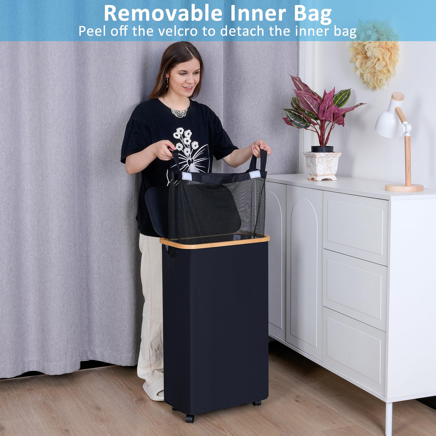 efluky 75L Wäschekorb mit Rollen, Schlanker Wäschekorb mit Deckel, Grau Faltbare Wäschebehälter mit Bambusgriffen und abnehmbarem Beutel für Schlafzimmer, Bad, Waschküche