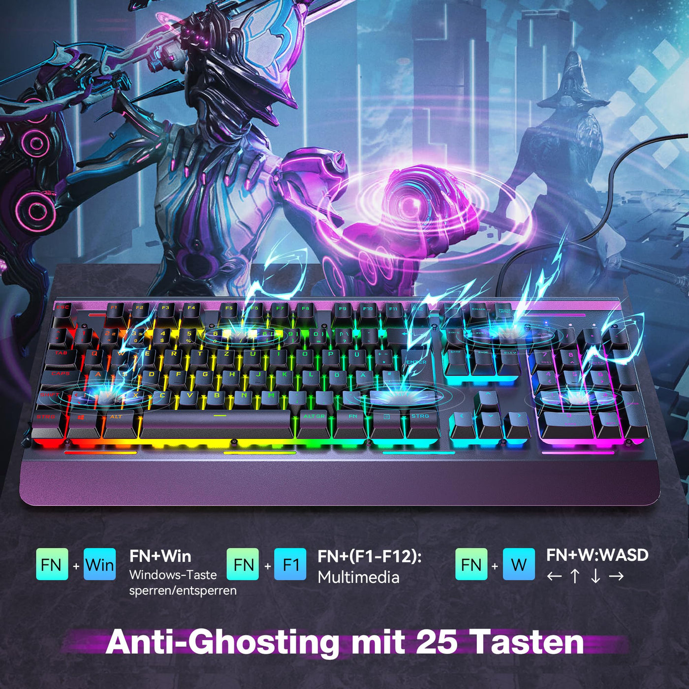 TECKNET RGB Gaming Tastatur für PC, Membran Tastatur mit 105 Tasten, Vollmetall-Pane, Handgelenkauflage,15-Zonen RGB Beleuchtung, 25 Anti-Ghosting-Tasten, Computer Keyboard, Deutsches Layout(QWERTZ)