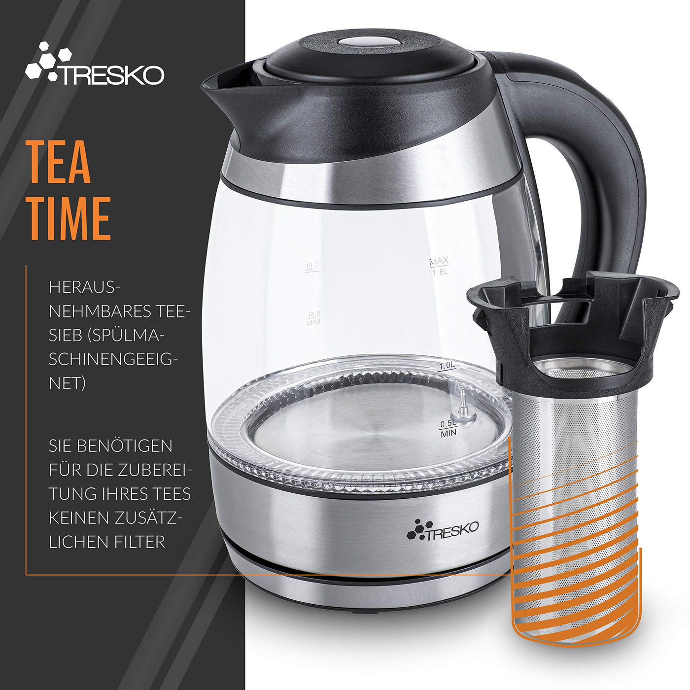 TRESKO Glas Wasserkocher 1,8L Edelstahl 2200W | Teekocher mit Teesieb und Kalkfilter | 100% BPA FREI | LED Innenbeleuchtung und Temperatureinstellung | Warmhaltefunktion