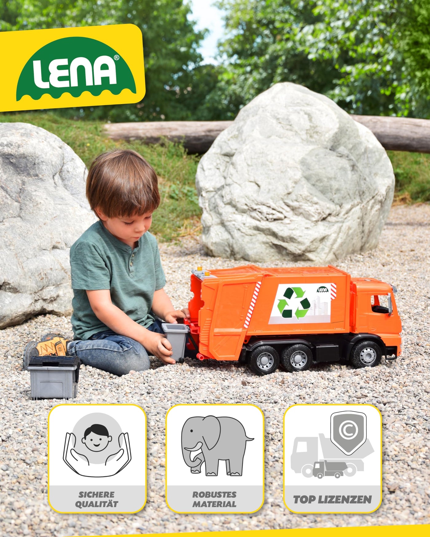 Lena 4614 Worxx Müllauto Mercedes Benz Arocs, Spielauto ca. 53 cm, Nutzfahrzeug für Kinder ab 3 Jahre, robuster Müllwagen mit 2 Mülltonnen und realitischen Spielfunktionen, orange