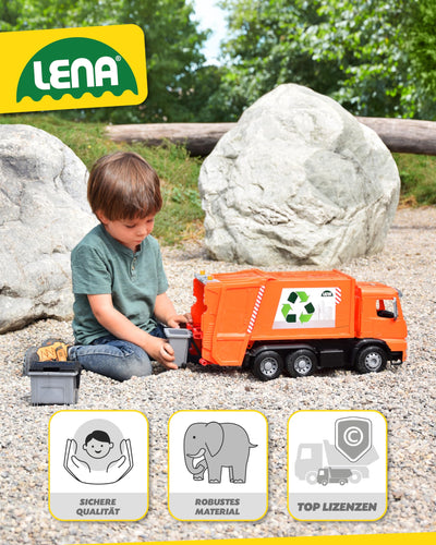 Lena 4614 Worxx Müllauto Mercedes Benz Arocs, Spielauto ca. 53 cm, Nutzfahrzeug für Kinder ab 3 Jahre, robuster Müllwagen mit 2 Mülltonnen und realitischen Spielfunktionen, orange