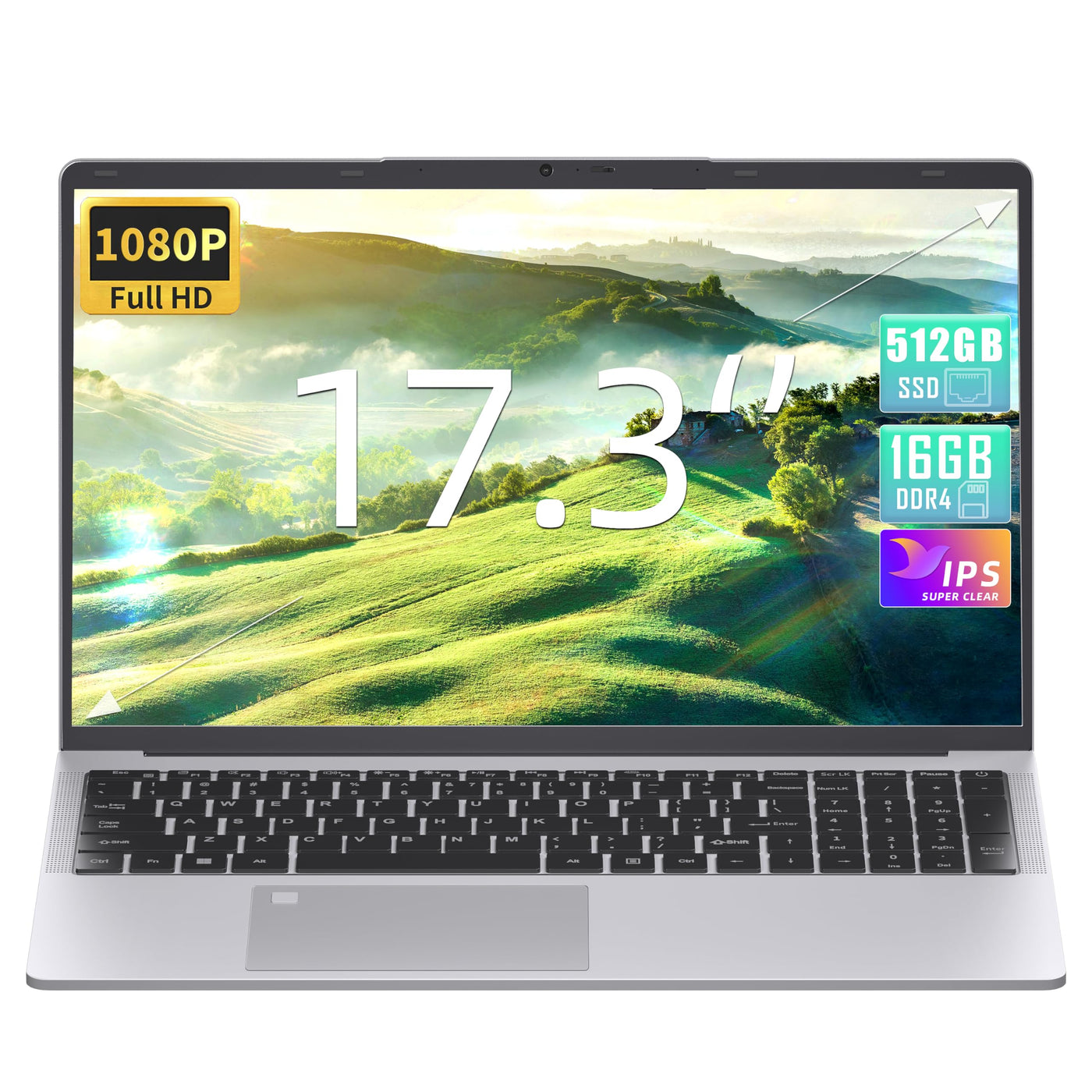 Fsjun17.3 Zoll Laptop, Celeron N5095 bis 2,9 GHz, 16GB RAM, 512GB SSD, FHD IPS, Fingerabdruck, Beleuchtete Tastatur, Mini HDMI, 3× USB 3.0 (Silber, 16+512GB)