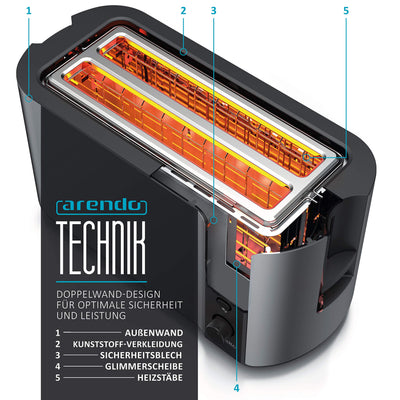 Arendo - Edelstahl Toaster Langschlitz 4 Scheiben, Defrost, wärmeisolierendes Gehäuse, mit integriertem Brötchenaufsatz, 1500W, Krümelschublade, Display, Cool Grey