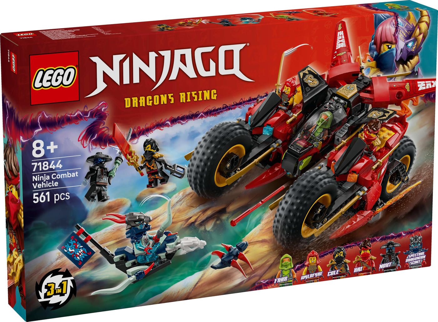 LEGO NINJAGO Ninja-Actionflitzer - 3-in-1-Spielzeug mit 2 Ninja-Bikes, 1 Jet und 6 Minifiguren, einschließlich Kai und Frak - Aufstieg der Drachen Geschenk für Jungen ab 8 Jahren - 71844