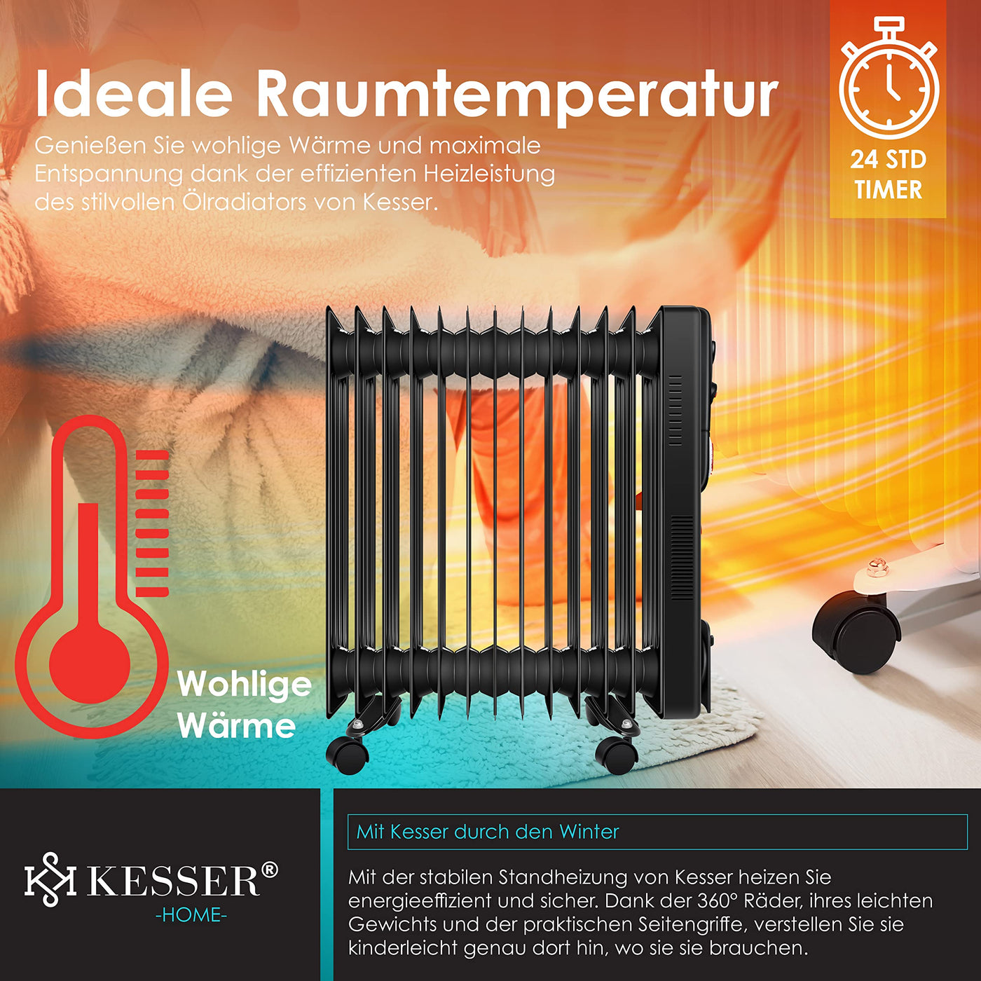 KESSER® Ölradiator Elektrische Heizung mit 13 Rippen 2500W Öl Radiator Elektroheizung Mobil Timer Lüfter Abschaltautomatik stufenlose Temperaturregelung Überhitzungsschutz, Zwangsluft Schwarz