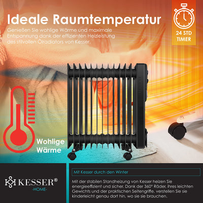 KESSER® Ölradiator Elektrische Heizung mit 13 Rippen 2500W Öl Radiator Elektroheizung Mobil Timer Lüfter Abschaltautomatik stufenlose Temperaturregelung Überhitzungsschutz, Zwangsluft Schwarz