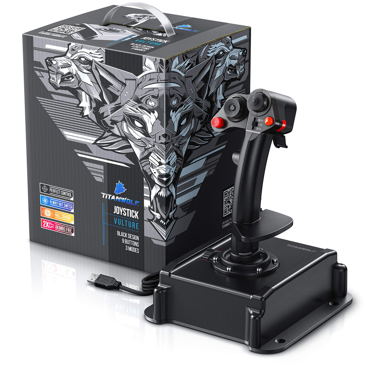 Titanwolf - PC Joystick - Flight Stick – Vierweg Joystick – HOTAS Funktion - stufenloser Schubregler – Hat Switch Achtwege Stick - 4 Buttons D-Pad - 3 Modi – Gashebel – Ruder – 9 Knöpfe-23 Funktionen
