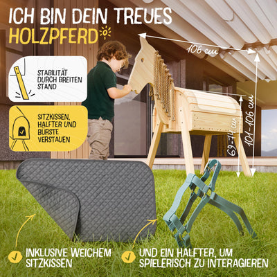 FRIEDO - Holzpferd mit Sattel (Sitzkissen) & Pferdegeschirr - Höhenverstellbares Spielpferd (101cm - 106cm) - Holzpferd für draußen im Garten geeignet - Perfekt für Kinder aus unbehandeltem Naturholz