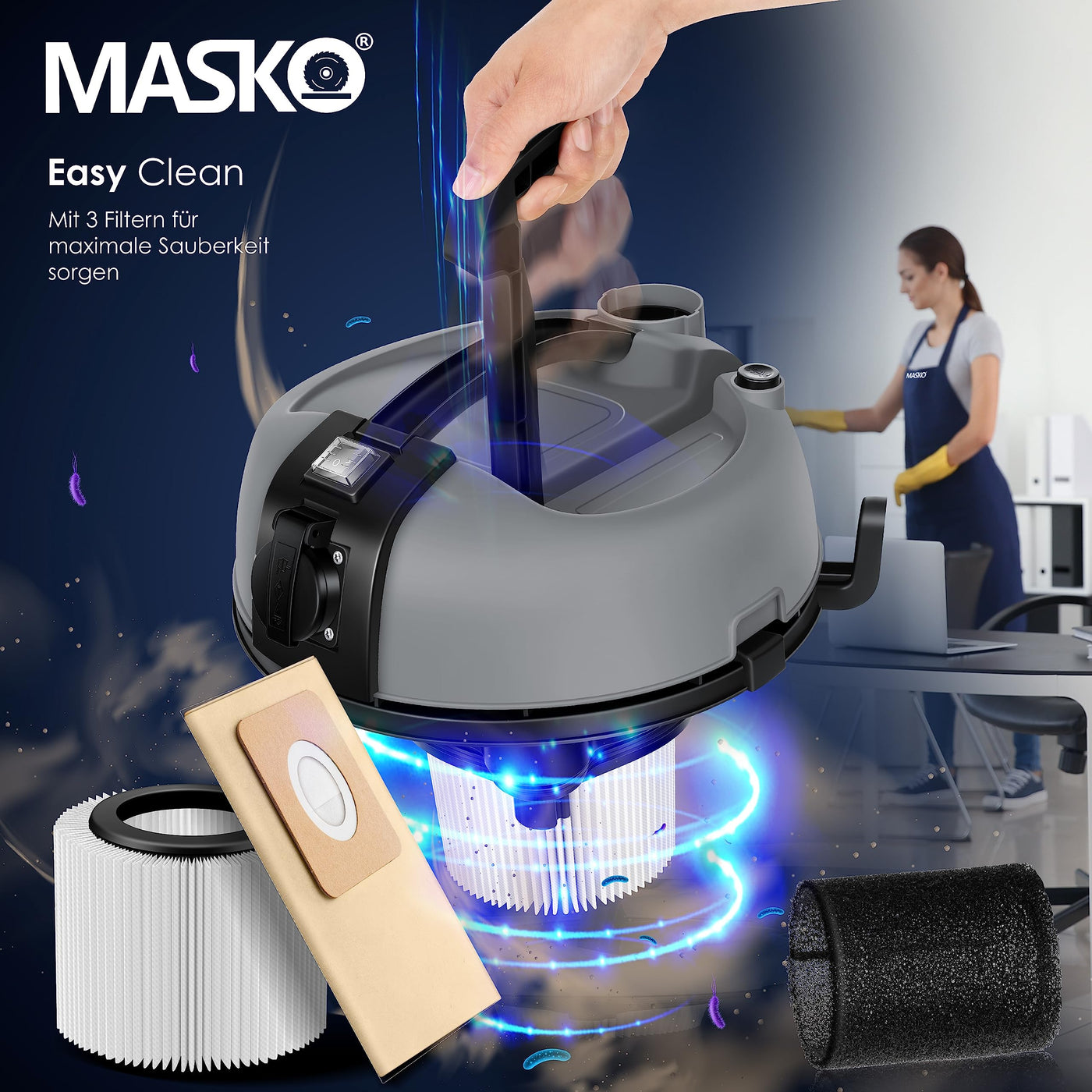 MASKO® Industriestaubsauger Staubsauger Nass Trocken Sauger Edelstahl 2300W + Steckdose | Blasfunktion | Trocken-Saugen & Nass-Saugen | Push&Clean | Industrie-Sauger mit & ohne Beutel | beutellos