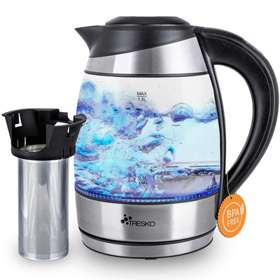 TRESKO Glas Wasserkocher 1,8L Edelstahl 2200W | Teekocher mit Teesieb und Kalkfilter | 100% BPA FREI | LED Innenbeleuchtung und Temperatureinstellung | Warmhaltefunktion