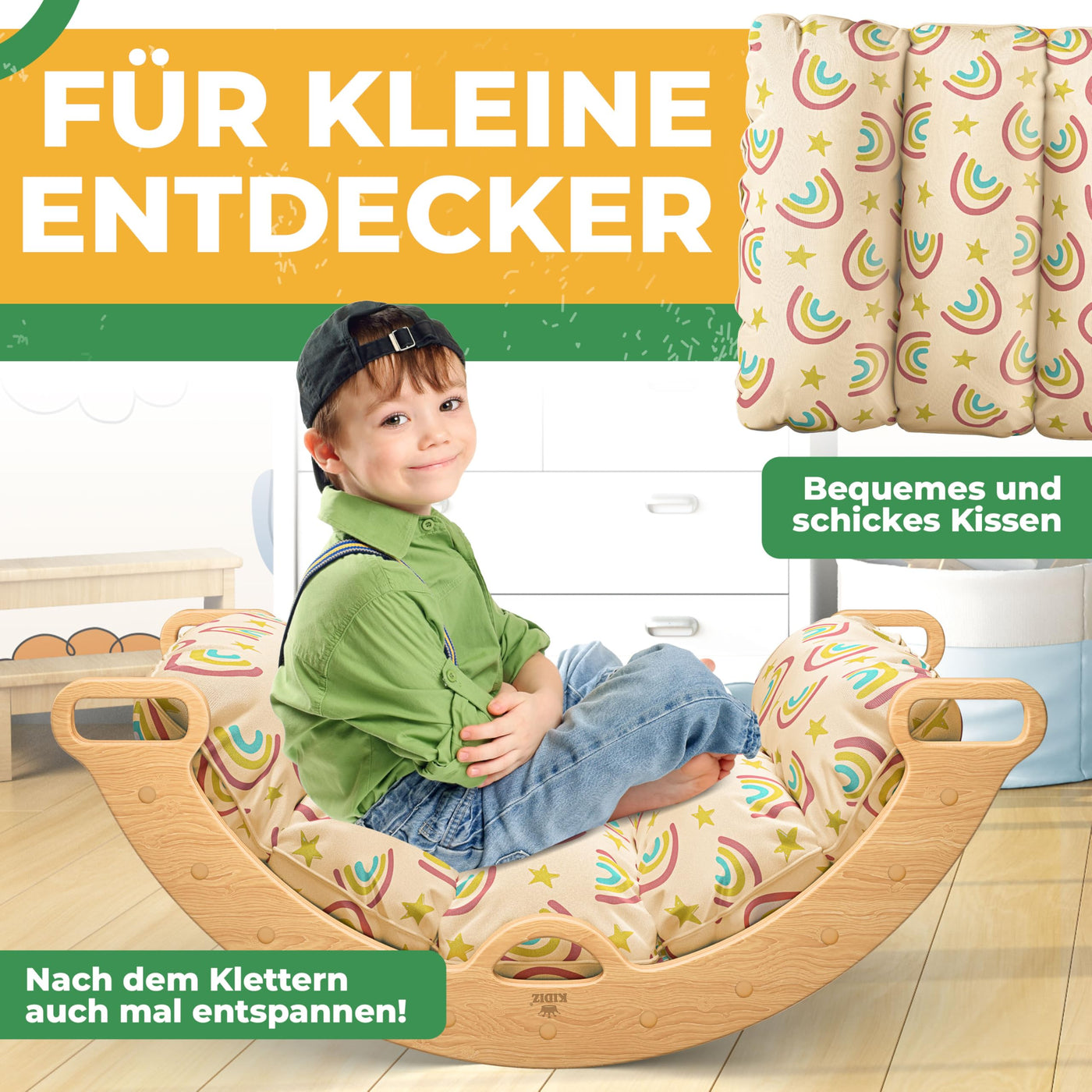 Kidiz® Klettergerüst Montessori 7in1 Spiel-Set mit Kletterbogen Rutsche Kletterdreieck aus Holz inklusive Kissen, Tafel & Lern-Uhr | Indoor Spielplatz für Kleinkinder ab 1 Jahr & Kinder bis 3 Jahre
