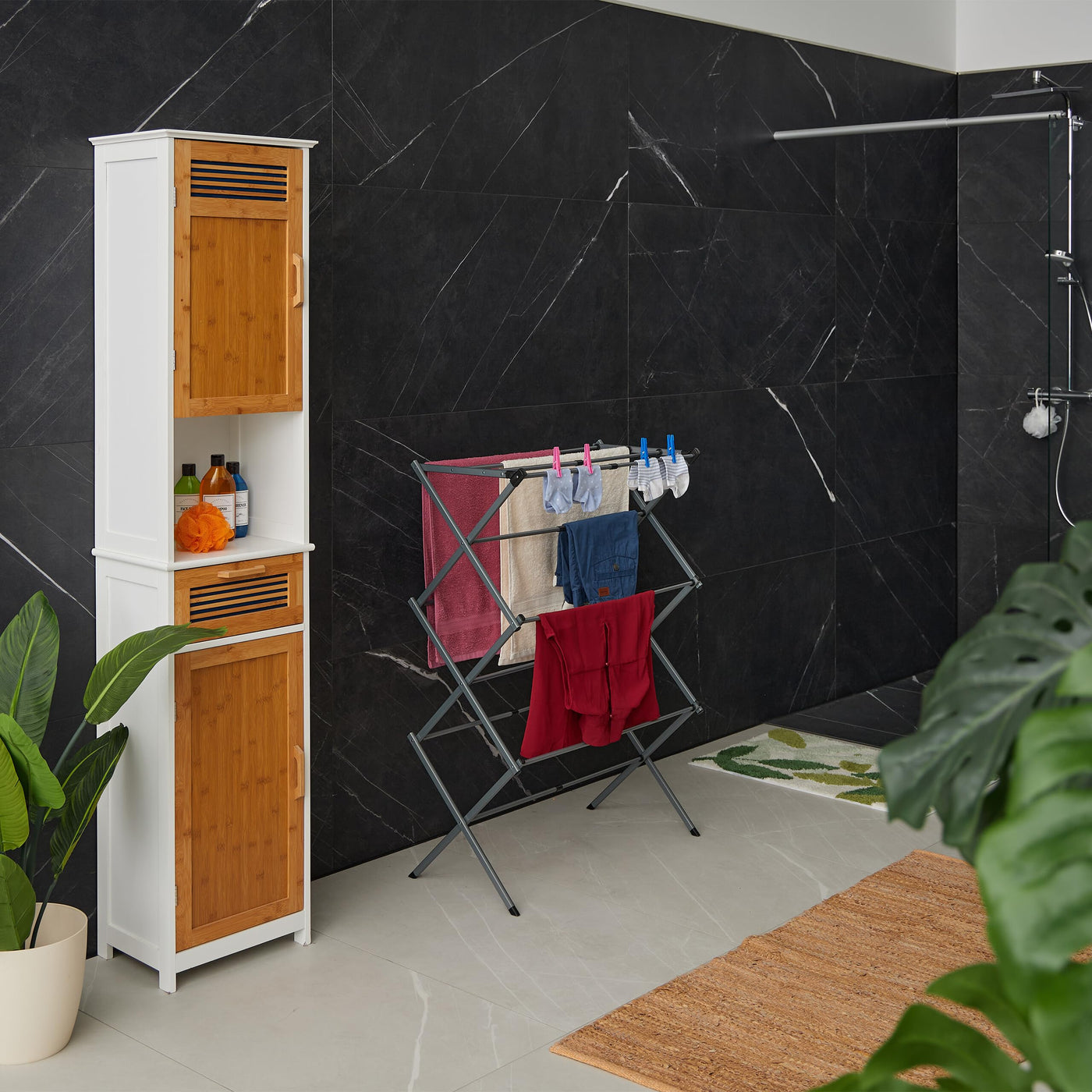 Relaxdays Wäscheständer klappbar, 11 Stangen auf 6 Ebenen, HBT: 105x73x37 cm, ausziehbarer Wäscheturm, Metall, schwarz