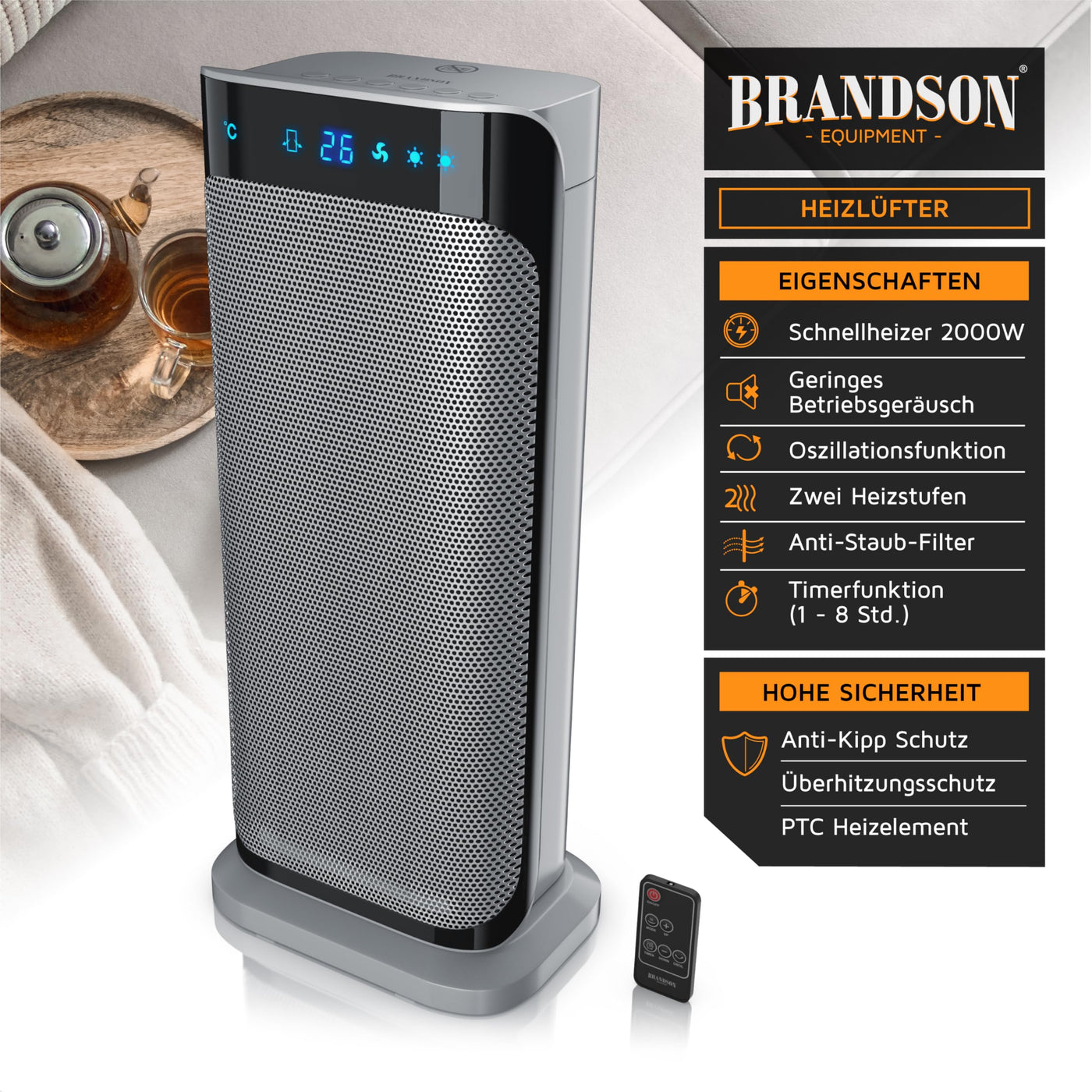 Brandson - Heizlüfter mit Fernbedienung - Preisträger 2025 - energiesparend leise, 2000 Watt Keramik-Heizlüfter Badezimmer - Schnellheizer mit Oszillationsfunktion - Heizung Heater - GS zertifiziert