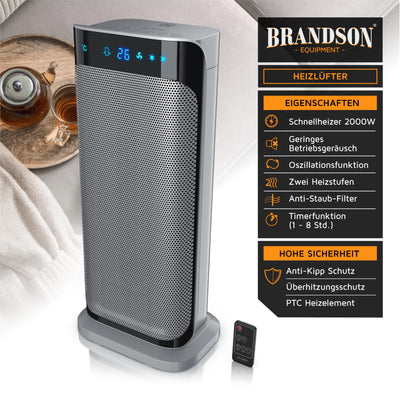 Brandson - Heizlüfter mit Fernbedienung - Preisträger 2025 - energiesparend leise, 2000 Watt Keramik-Heizlüfter Badezimmer - Schnellheizer mit Oszillationsfunktion - Heizung Heater - GS zertifiziert