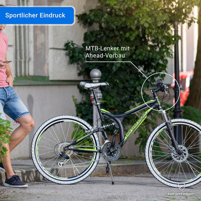 Bergsteiger Phoenix 26 Zoll Mountainbike, geeignet ab 160 cm, Scheibenbremse, Licht, Schutzblech, 21 Gang-Schaltung, Vollfederung