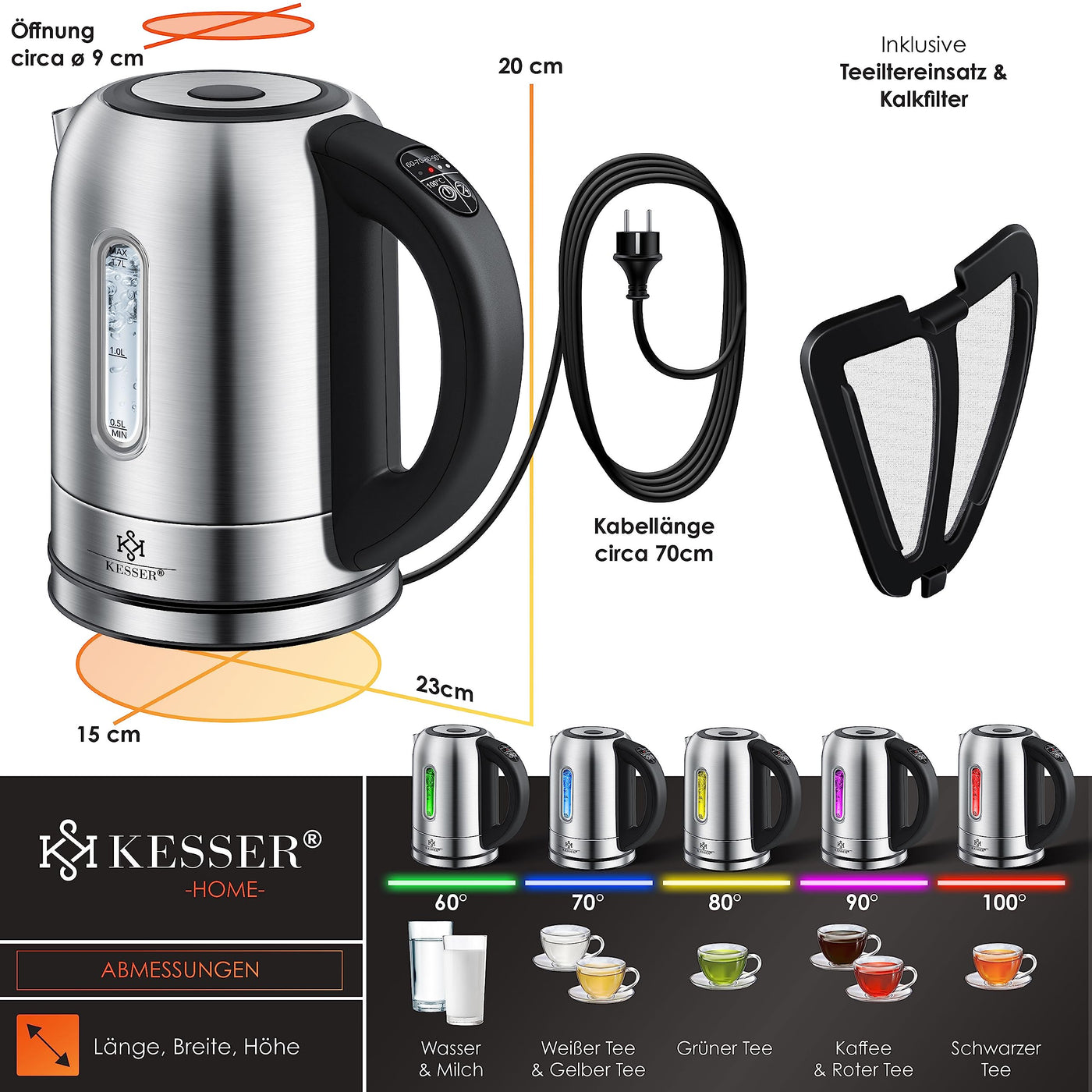 KESSER Wasserkocher 2200W Edelstahl 1,7L mit LED Beleuchtung-Farbe je nach Temperaturwahl 60, 70, 80, 90, 100 °C | Kalk-Filter | 2 Std Warmhaltefunktion