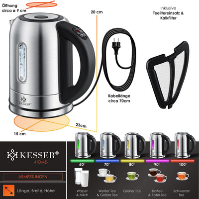 KESSER Wasserkocher 2200W Edelstahl 1,7L mit LED Beleuchtung-Farbe je nach Temperaturwahl 60, 70, 80, 90, 100 °C | Kalk-Filter | 2 Std Warmhaltefunktion