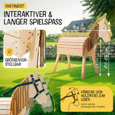 FRIEDO - Holzpferd mit Sattel (Sitzkissen) & Pferdegeschirr - Höhenverstellbares Spielpferd (101cm - 106cm) - Holzpferd für draußen im Garten geeignet - Perfekt für Kinder aus unbehandeltem Naturholz