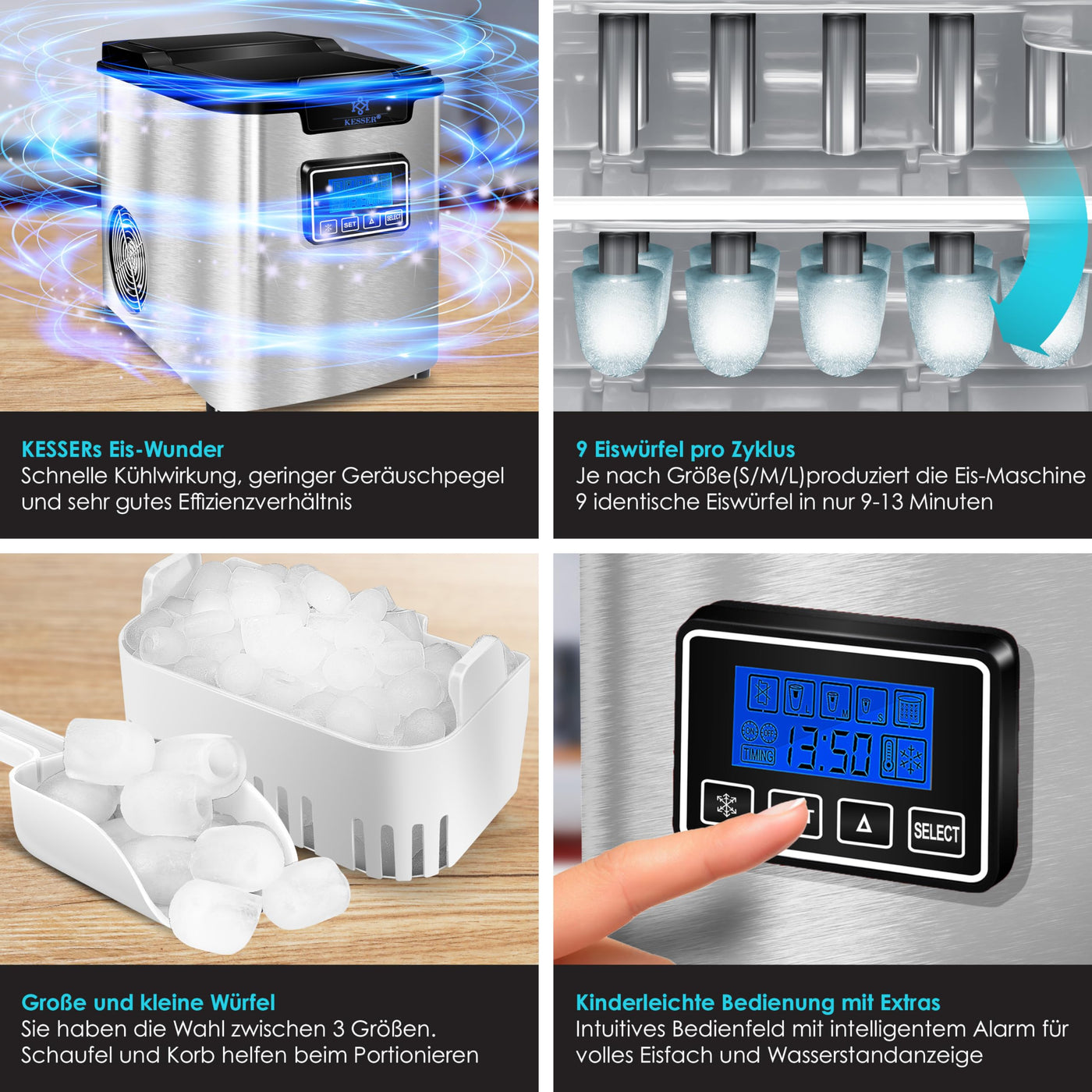 KESSER® Eiswürfelbereiter | Eiswürfelmaschine Edelstahl | 150W Ice Maker | 12 kg 24 h | 3 Würfelgrößen | Zubereitung in 7 min | 2,2 Liter Wassertank | Timer | LCD-Display | Silber