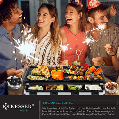 KESSER® Raclette-Grill mit Naturgrillstein, Grillplatte Tischgrill für 8 Personen, Elektrogrill Raclette Grill antihaftbeschichteter Grillplatte, 8 Pfannen und Holzspatel 1200W