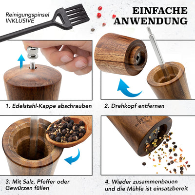Schwarzwald Spirit Salz und Pfeffermühle Holz Klein (16,5 cm) - 2er Set mit Pfeffer und Salzmühle - Gewürzmühle mit Keramikmahlwerk inkl. Reinigungspinsel, Rezeptbuch - Küchenhelfer Geschenkidee