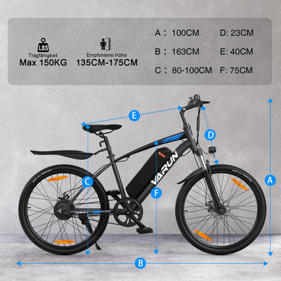 VARUN E Bike, 26"/24" E Bike Herren Damen mit 48V/36V Akku, 250W Motor, E-Mountainbike mit 21/1 Gang, 5 Modi, Aluminium Rahmen, Elektrofahrrad City Ebike mit EU-Konformes, Reichweite 50-80KM
