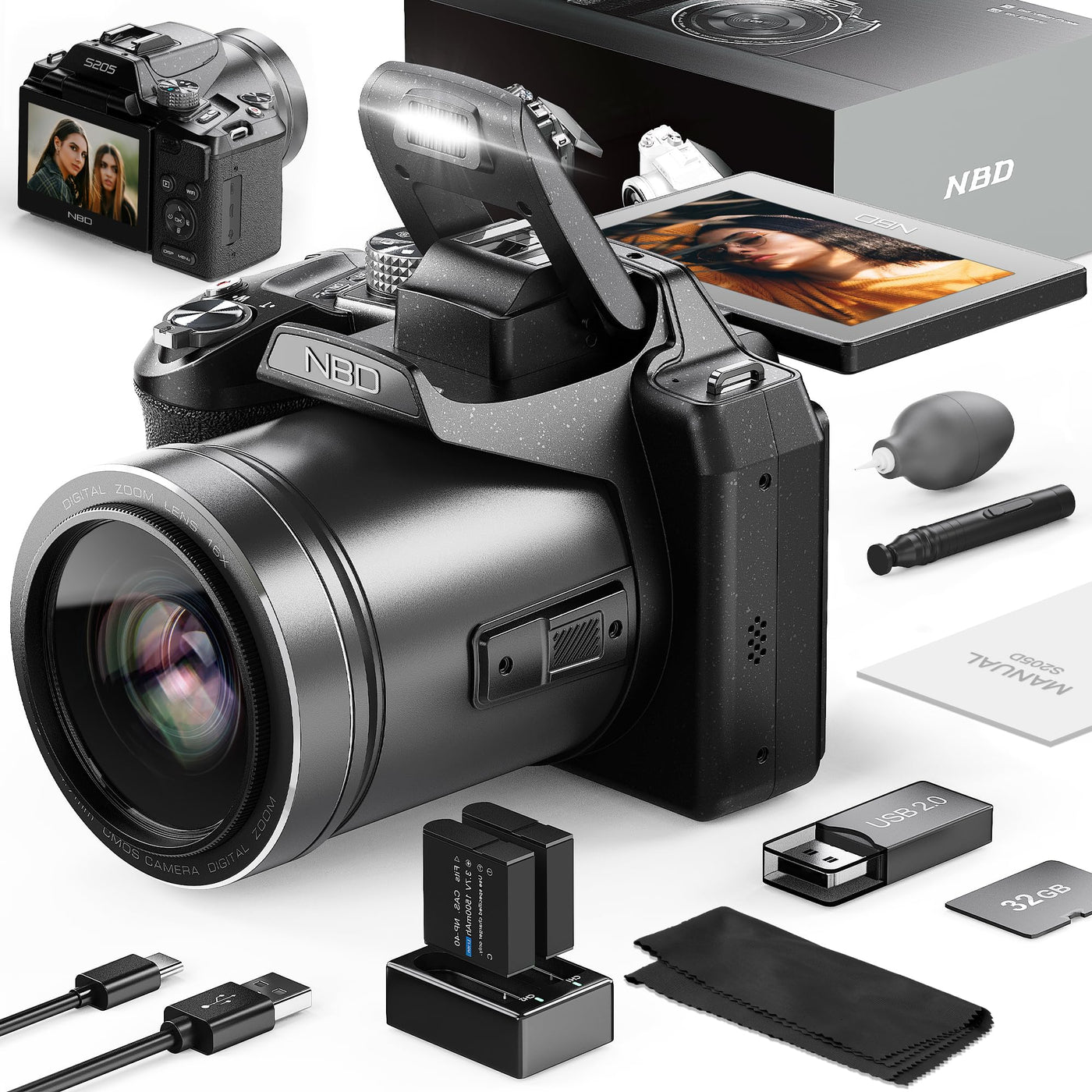 64MP Digital Camera für Fotografie und Video, 5K Vlogging Kamera für YouTube mit 3'' Flip Screen, 16X Digitalzoom, WiFi& Autofokus, Kameragurt&Stativ, 2 Akkus, 32GB TF Karte 2502-EU