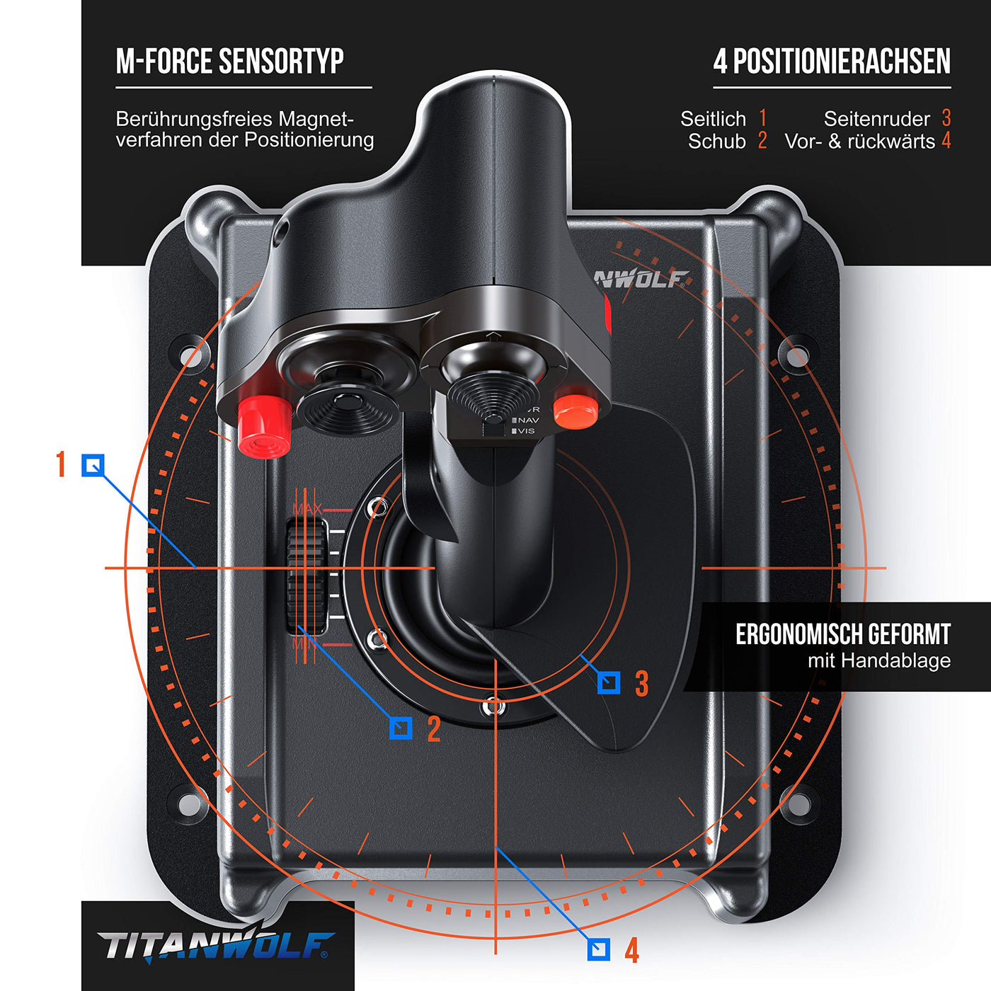 Titanwolf - PC Joystick - Flight Stick – Vierweg Joystick – HOTAS Funktion - stufenloser Schubregler – Hat Switch Achtwege Stick - 4 Buttons D-Pad - 3 Modi – Gashebel – Ruder – 9 Knöpfe-23 Funktionen