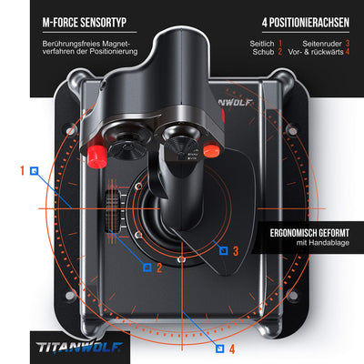 Titanwolf - PC Joystick - Flight Stick – Vierweg Joystick – HOTAS Funktion - stufenloser Schubregler – Hat Switch Achtwege Stick - 4 Buttons D-Pad - 3 Modi – Gashebel – Ruder – 9 Knöpfe-23 Funktionen