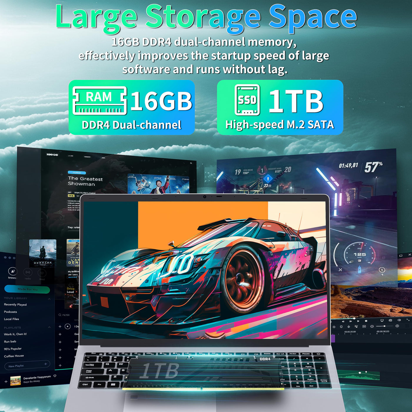 17,3 Zoll Laptop Computer, 16GB RAM, 1TB NVMe SSD, Quad-Core Celeron N5095 CPU(bis 2,9 GHz), FHD IPS Display, Fingerprint Sensor, beleuchtete Tastatur, HDMI, WiFi, BT, 3X USB 3.0, Silber Notebook