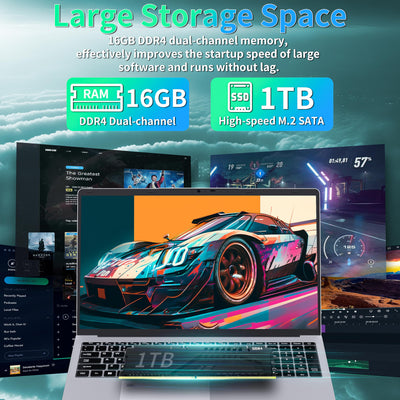 17,3 Zoll Laptop Computer, 16GB RAM, 1TB NVMe SSD, Quad-Core Celeron N5095 CPU(bis 2,9 GHz), FHD IPS Display, Fingerprint Sensor, beleuchtete Tastatur, HDMI, WiFi, BT, 3X USB 3.0, Silber Notebook