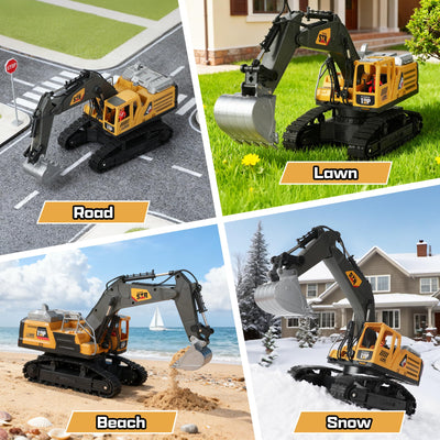 QiquBox RC Ferngesteuerter Bagger Spielzeug für ab 3 4 5 6 7 8 9 Jahren Junge - Bagger Spielzeugautos Metall Schaufel mit Spray Licht Ton, 680° Drehung Ferngesteuertes Auto für Jungen Geschenk Kinder