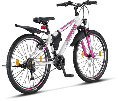 Licorne Bike Guide Premium Mountainbike in 20, 24, 26, 27.5 und 29 Zoll Fahrrad für Mädchen Jungen Herren und Damen (26 Zoll, Weiß/Rosa)