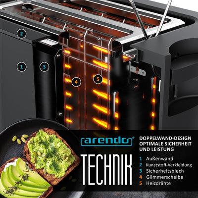 Arendo - Touch Toaster 2 Scheiben Edelstahl - Touchpanel - digital Display Restzeitanzeige - 800 W – Doppelwandgehäuse – mit Brötchenaufsatz – 7 Bräunungsgrade – Brotscheibenzentrierung - Schwarz