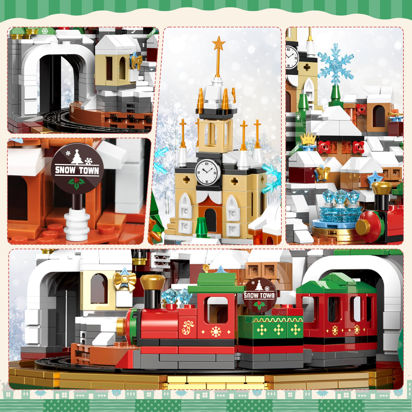 Charmofun Weihnachtsschloss Bausatz, Weihnachten Bauspielzeug Rotierbar mit Licht und Musik, Weihnachtsdorf Achterbahn Bausteine mit Weihnachtsbaum Zug für Erwachsene Kinder Jahren 8+