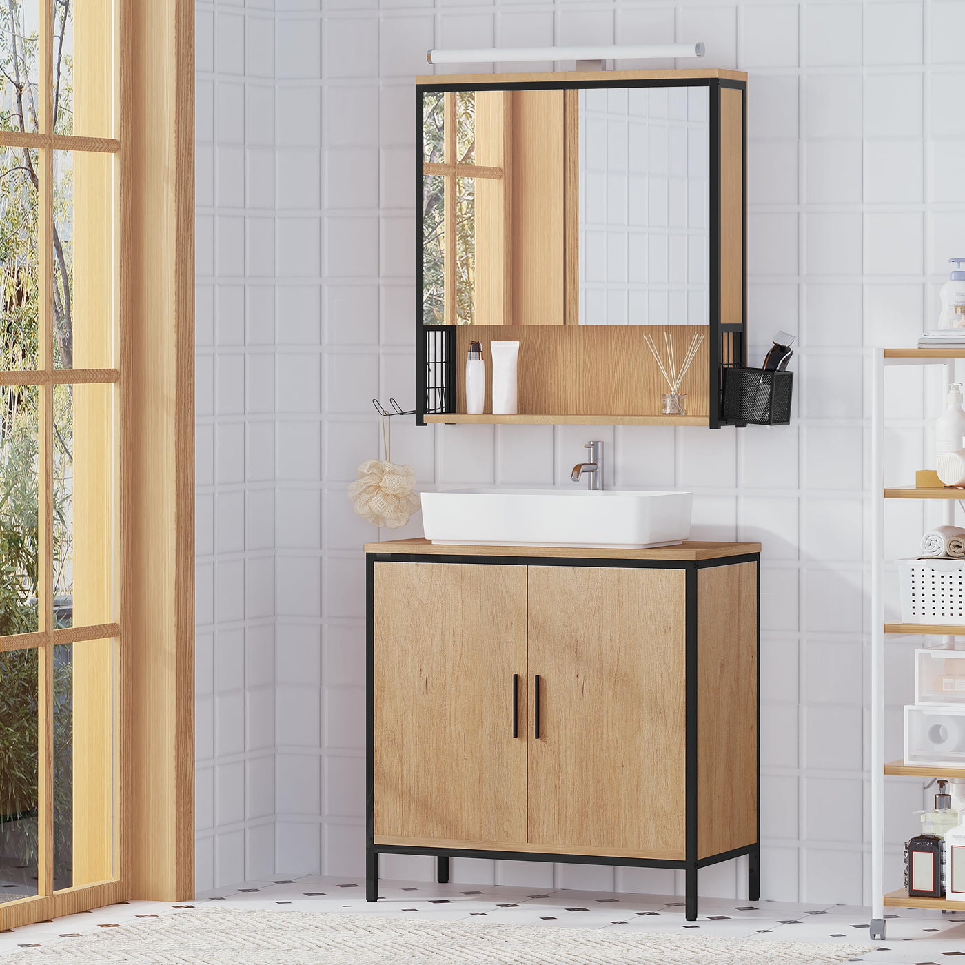 EUGAD Spiegelschrank Bad mit Beleuchtung, Badezimmerschrank mit Spiegel, Badschrank hängend, mit Verstellbarer Ablage Halter Korb, aus Metall MDF, schwarz + helle Eiche