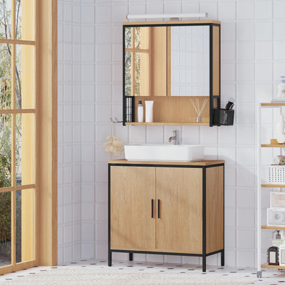 EUGAD Spiegelschrank Bad mit Beleuchtung, Badezimmerschrank mit Spiegel, Badschrank hängend, mit Verstellbarer Ablage Halter Korb, aus Metall MDF, schwarz + helle Eiche