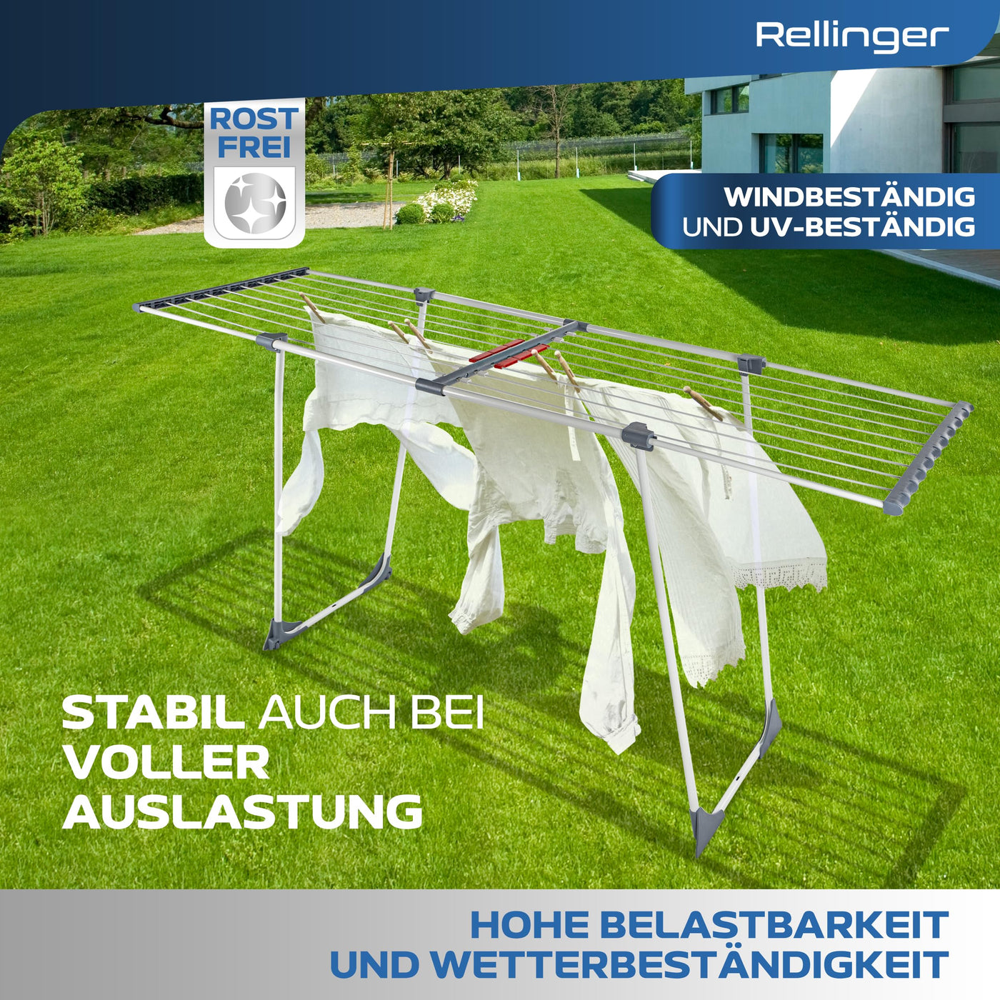 RELLINGER® Wäscheständer ausziehbar [20M TROCKENLÄNGE] - Wäscheständer hoch - Premium Wäschetrockner Ständer - Faltbarer Wäscheständer XXL - ausziehbarer Wäscheständer - Standtrockner rutschfest