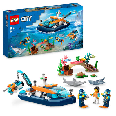 LEGO 60377 City Meeresforscher-Boot Spielzeug, Set enthält EIN Korallenriff, EIN U-Boot, 3 Minifiguren und Mantarochen, Haie, Krabben und 2 Schildkröten, Meerestiere Figuren für Kinder ab 5 Jahren